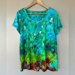 Soft Surroundings Vibrant Green and Blue Abstract Short Sleeve Size Medium